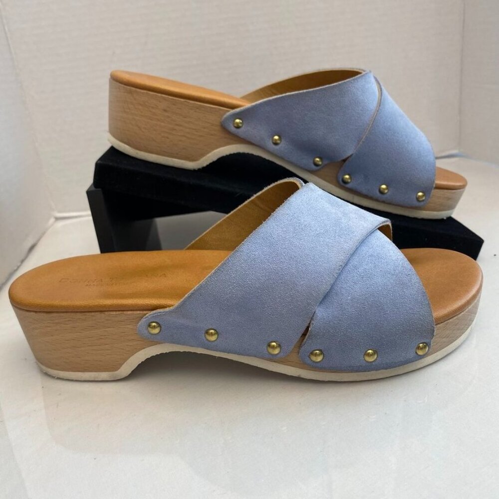 Donna Toscana Suede Crossover Clog Slides Wood Heel Blue